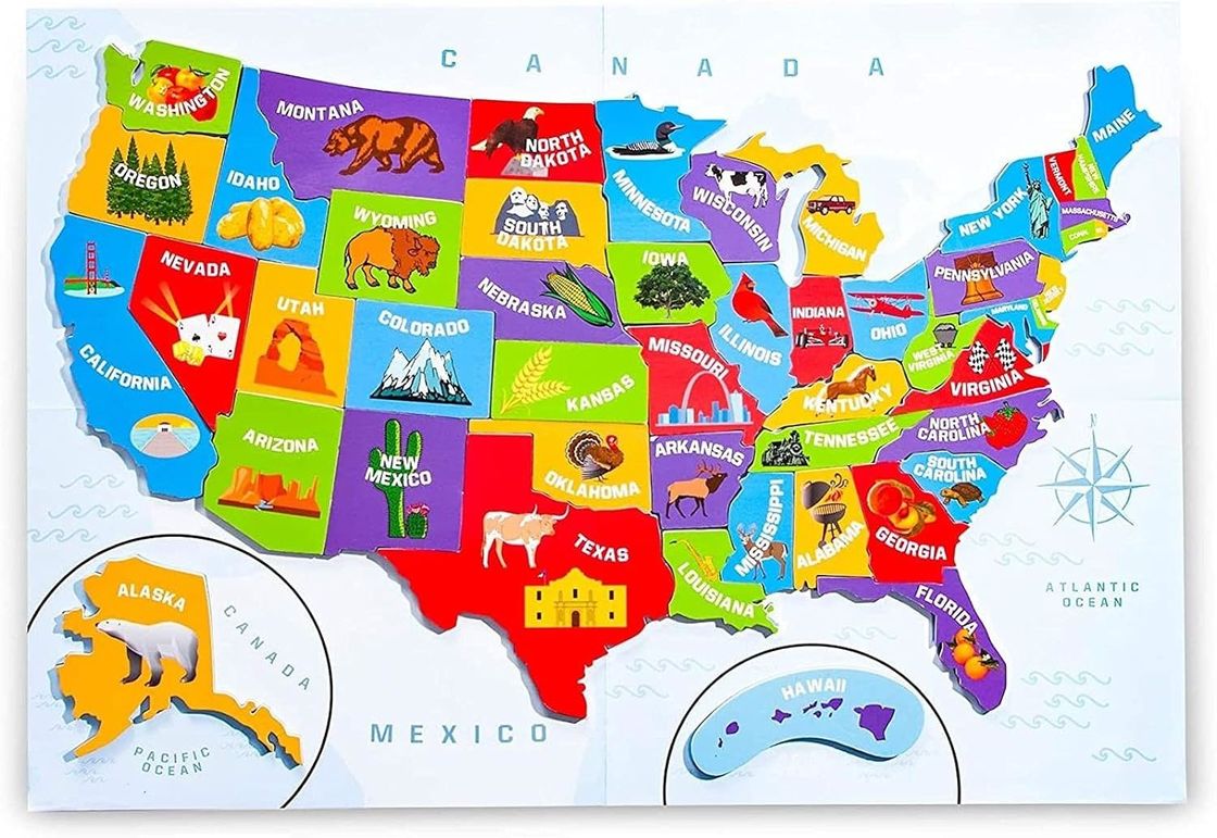 Mapa dos Estados Unidos com 44 peças magnéticas